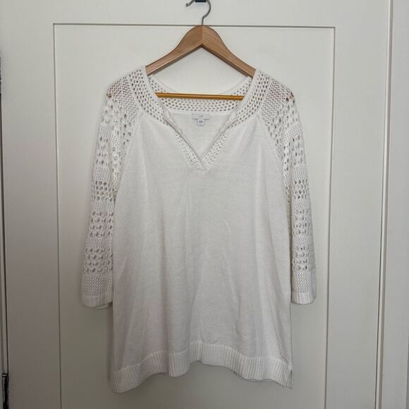 J. Jill Sweaters - J Jill Top Womens Sz L White Crochet Knit Lace 3/4 Sleeve V Neck Beach Coastal